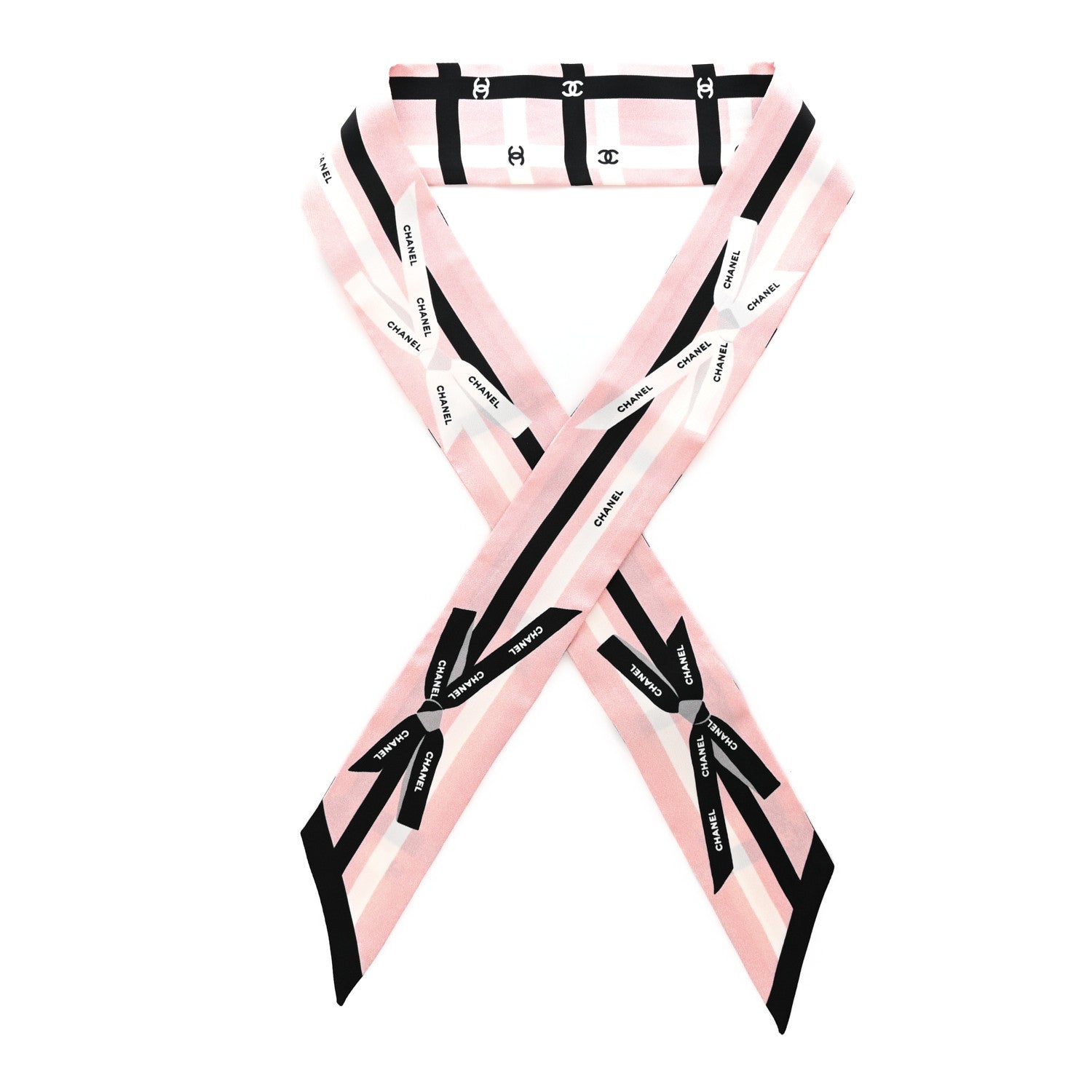 Chanel Silk Bow CC Slim Bandeau Scarf Light Pink Black 1 of 5