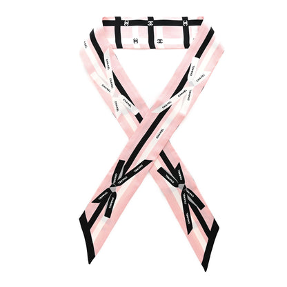 Chanel Silk Bow CC Slim Bandeau Scarf Light Pink Black 1 of 5