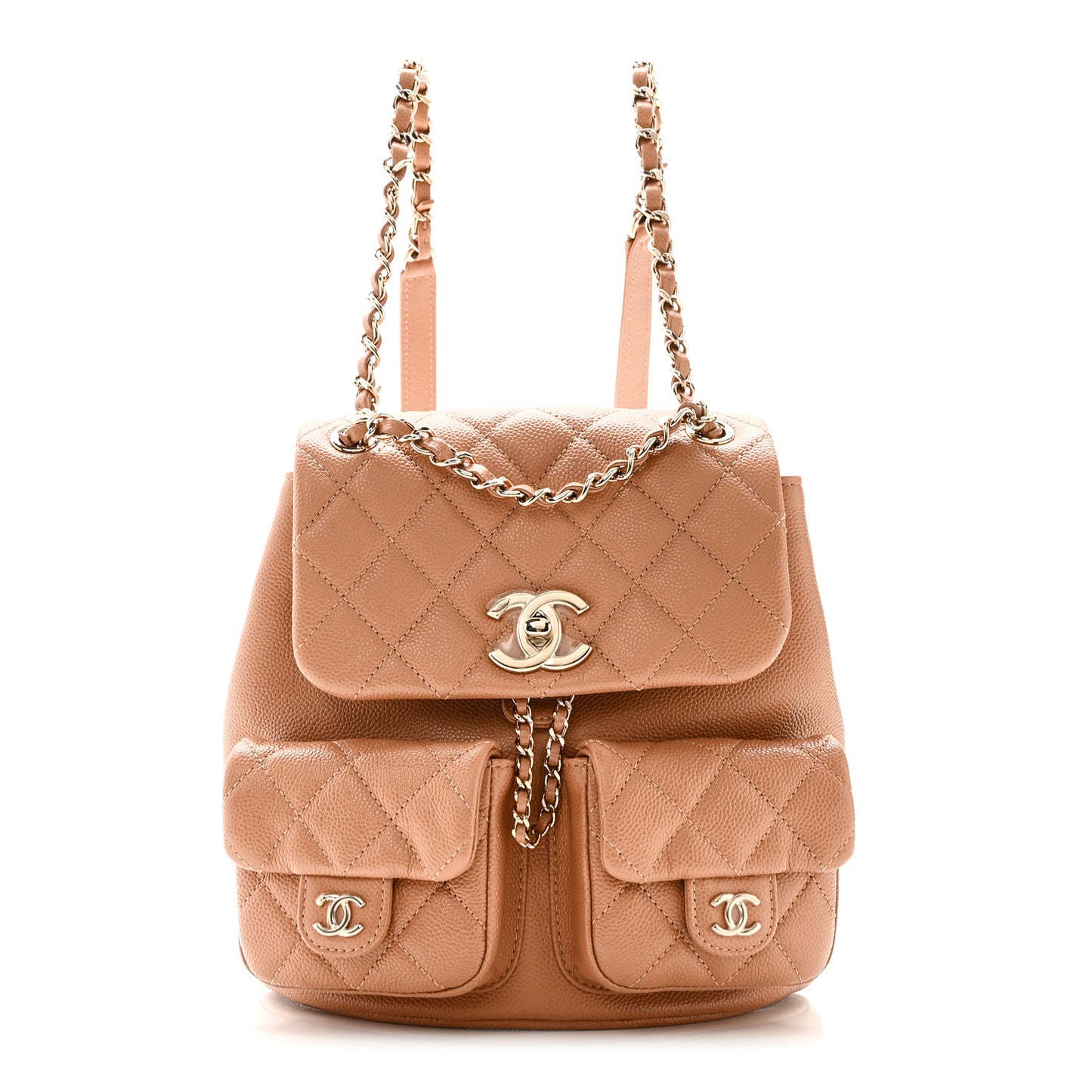 Shiny Caviar Quilted Medium Duma Pockets Drawstring Backpack Dark Beige
