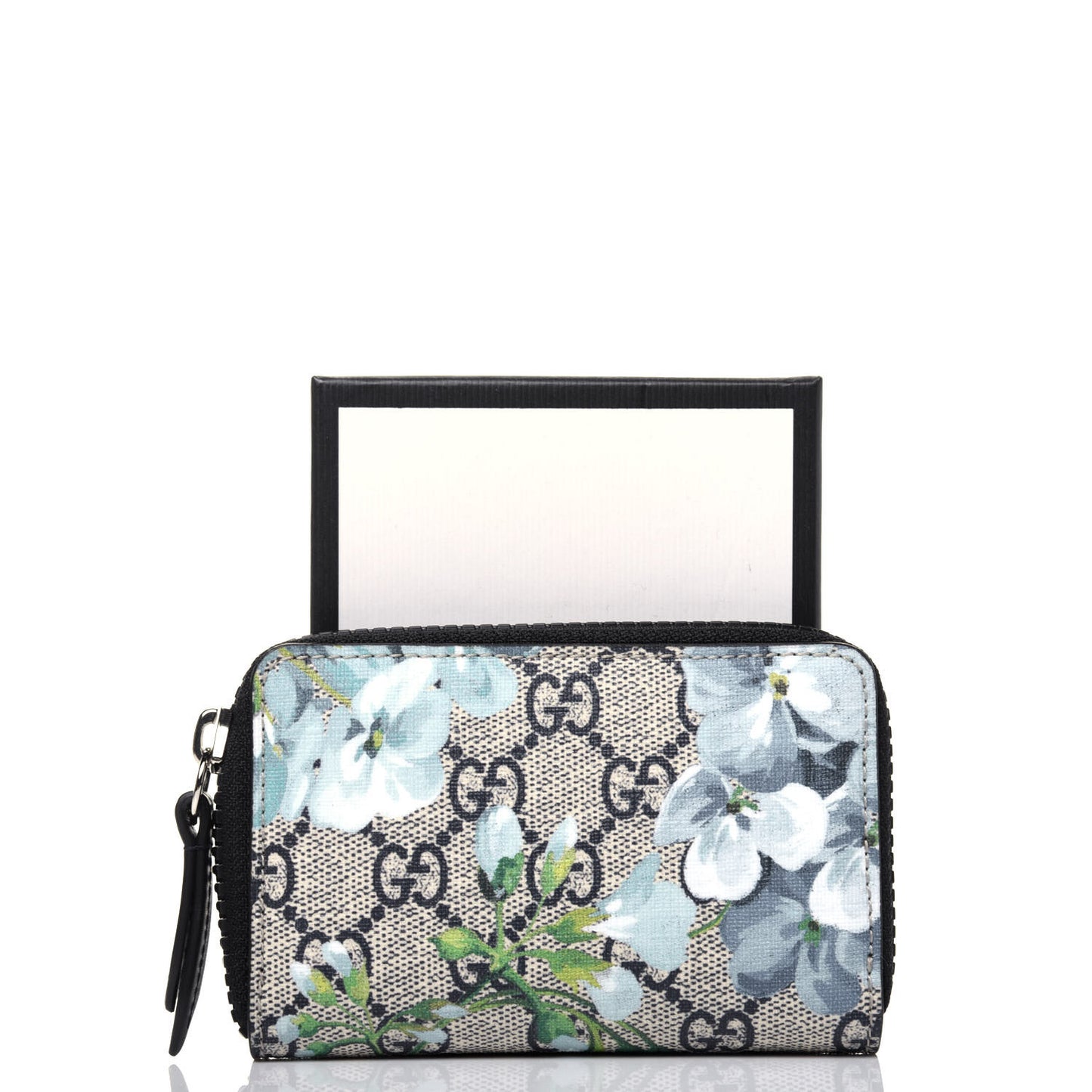 GG Supreme Monogram Blooms Zip Around Card Case Wallet Beige Blue Navy