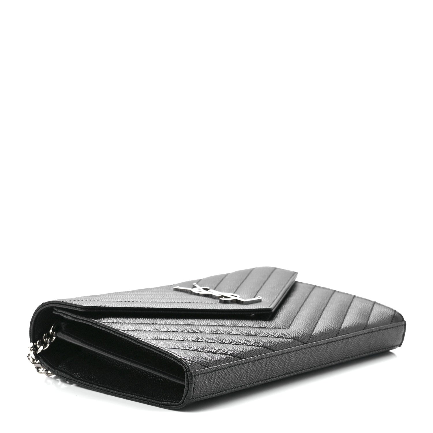 Saint Laurent Grain De Poudre Matelasse Chevron Monogram Chain Wallet Black 3 of 9
