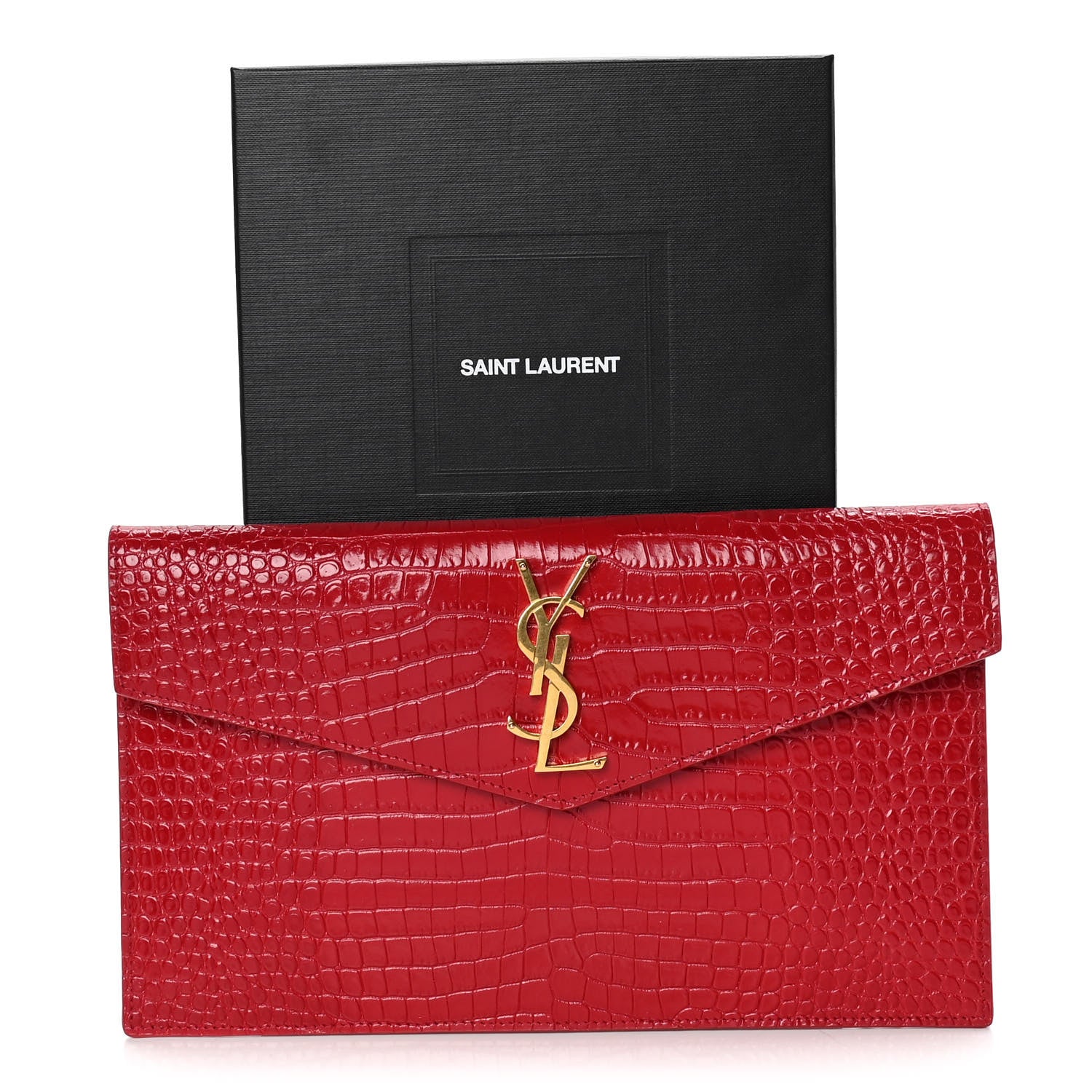 Saint Laurent Calfskin Crocodile Embossed Uptown Monogram Clutch Rouge Eros 6 of 6