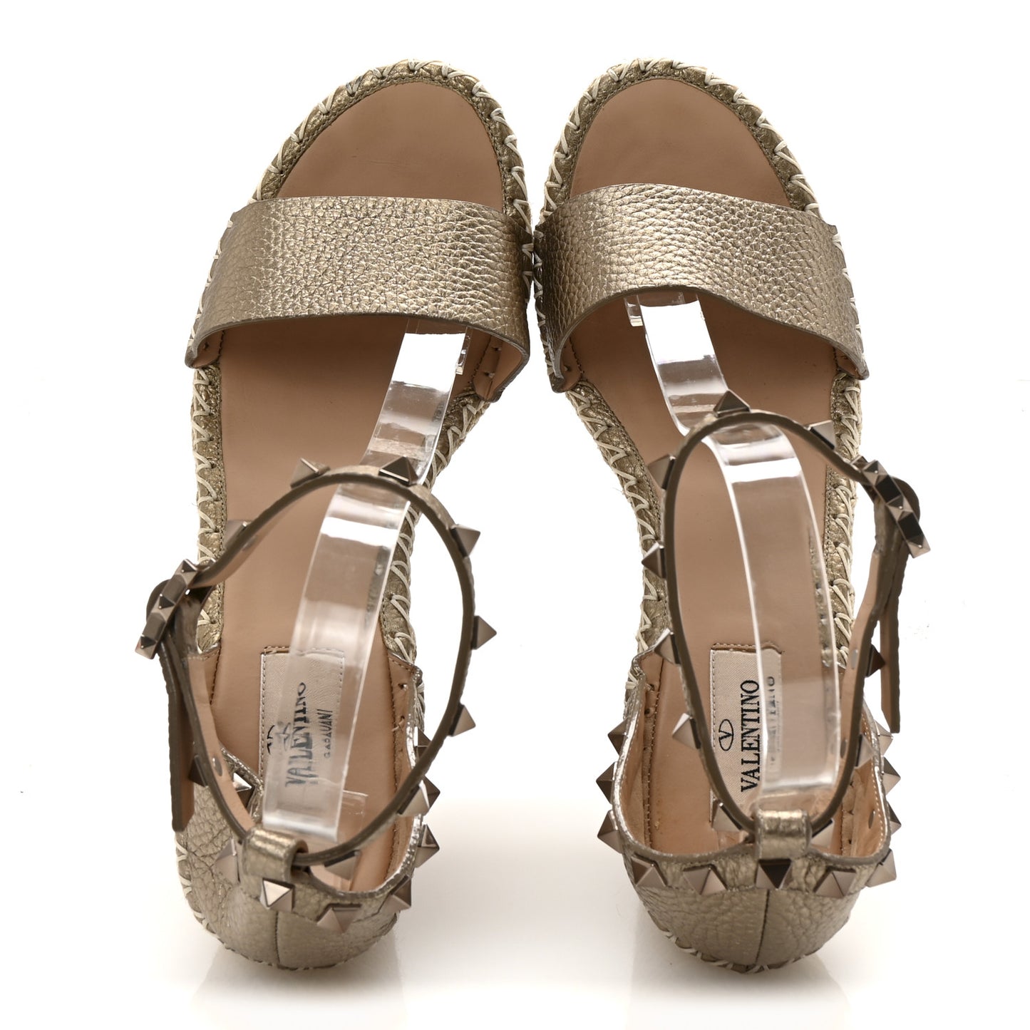 Metallic Grained Calfskin Rockstud Crisscross Ankle Strap Espadrille Wedge Sandals 39 Skin Natural