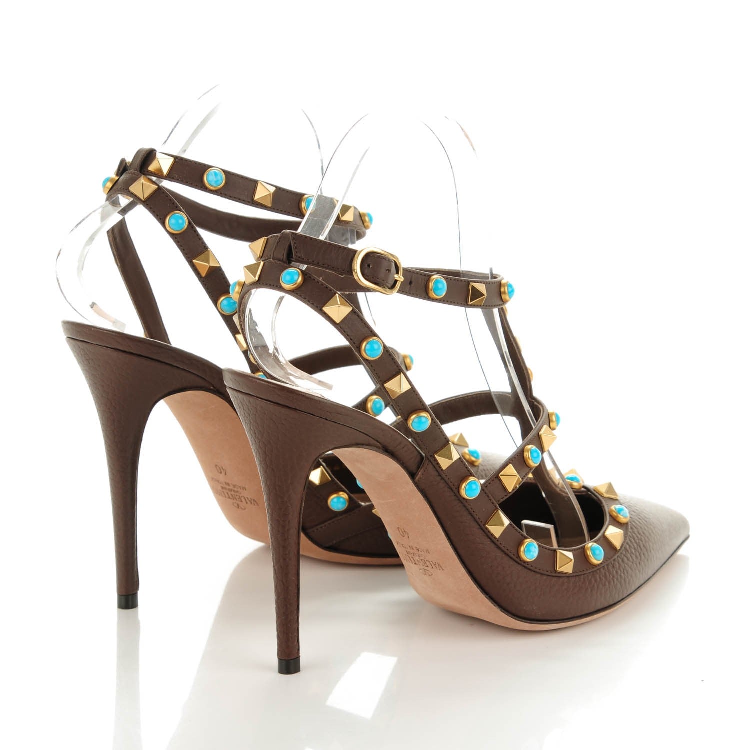 Valentino Garavani Pebbled Calfskin Turquoise Rockstud Rolling Ankle Strap 100mm Pumps 40 Cacao 4 of 8