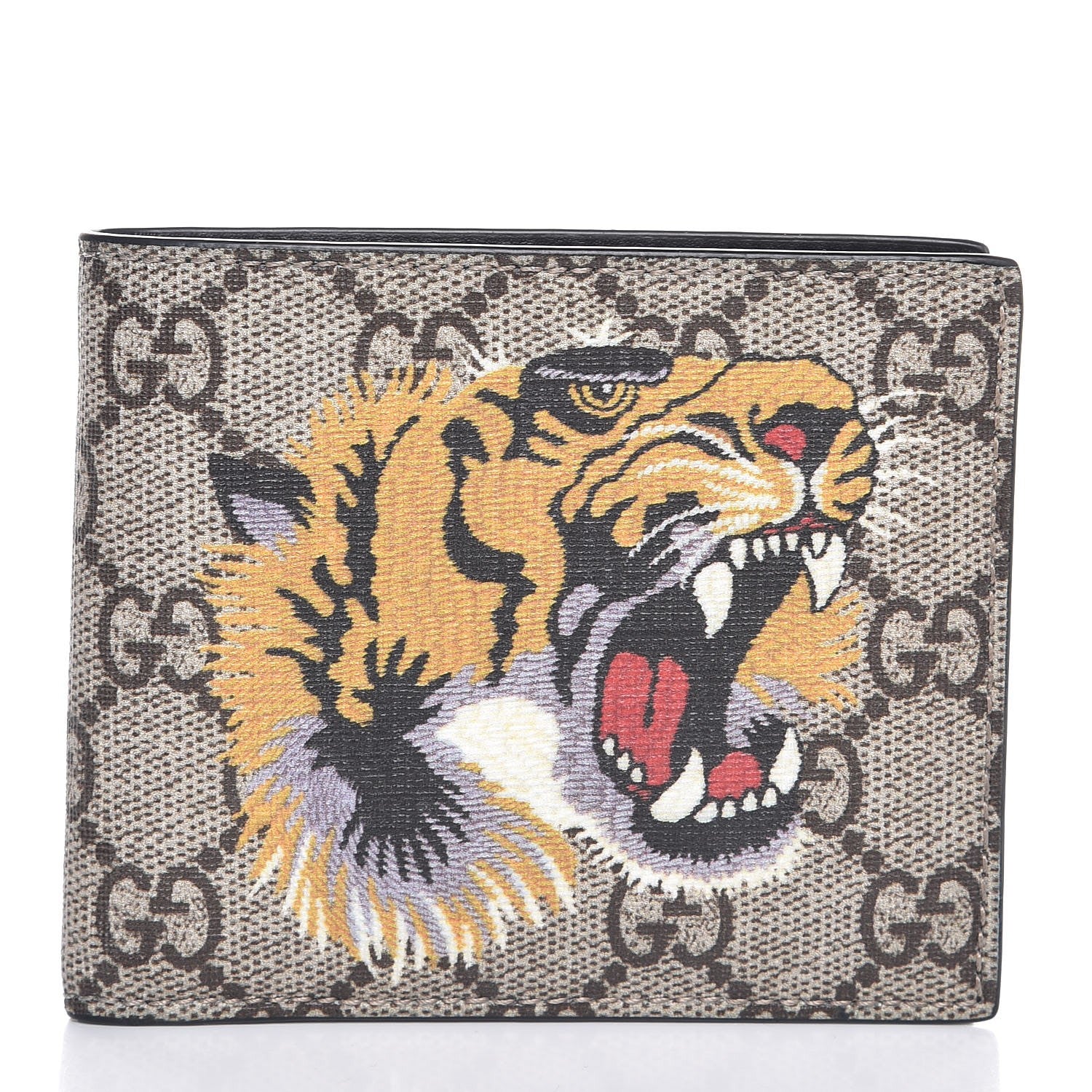 Gucci GG Supreme Monogram Selleria Calfskin Tiger Nice Bi-Fold Wallet Beige Ebony Multicolor Black 1 of 8