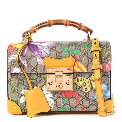 Gucci GG Supreme Monogram Flora Small Padlock Bamboo Shoulder Bag Beige Multicolor Crop 1 of 11