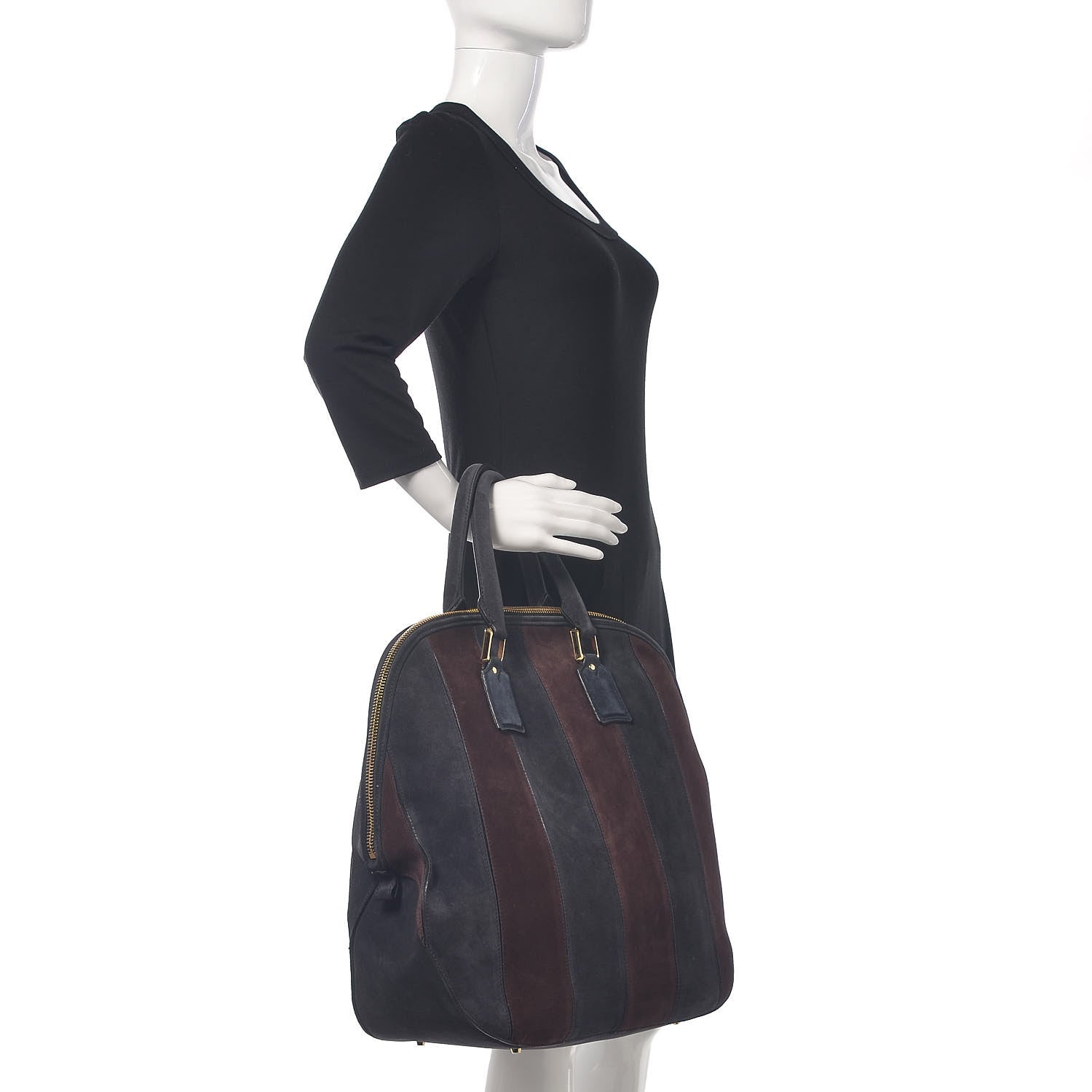 Burberry Suede Striped Large Orchard Bowling Bag Black Currant Plum 2 of 15