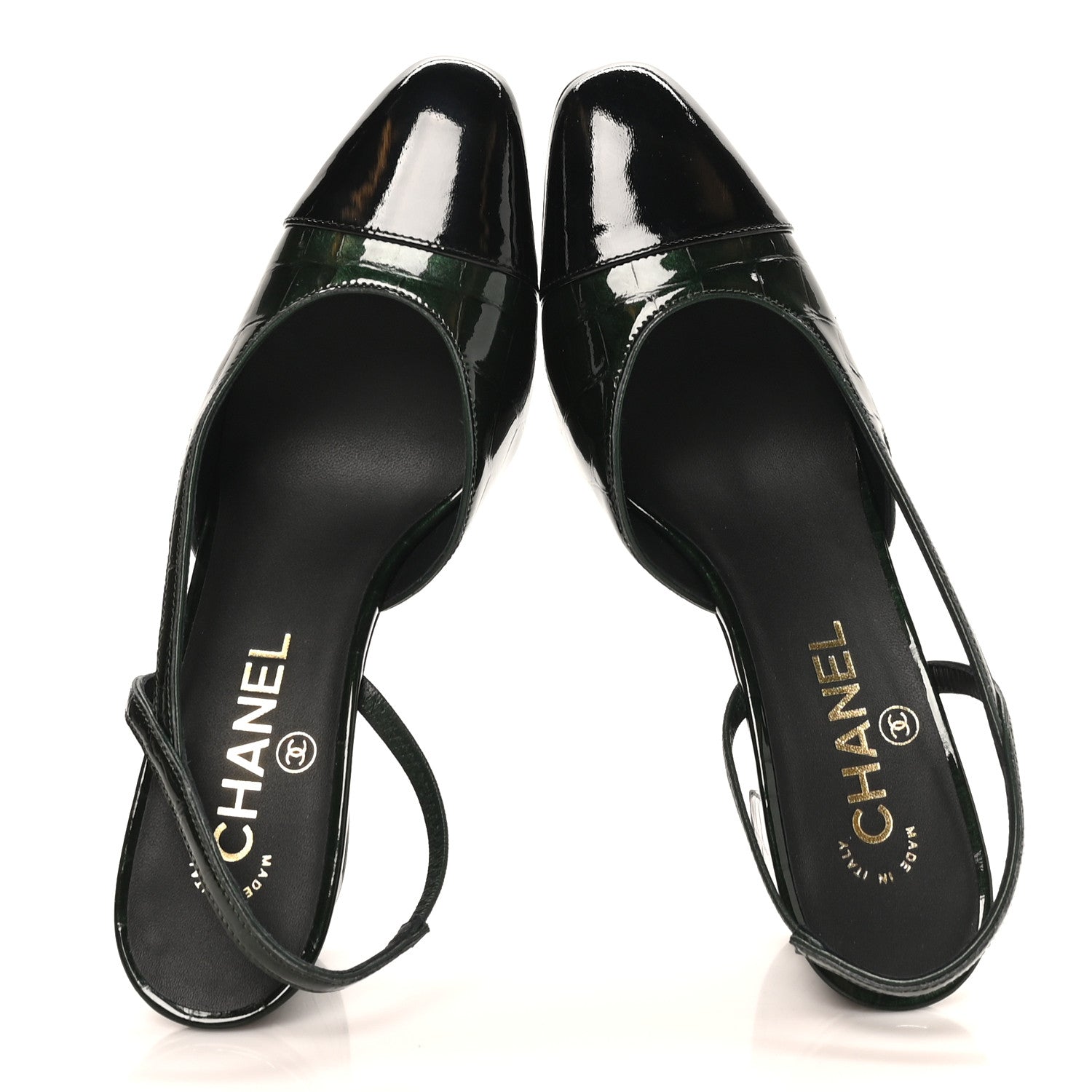 Chanel Patent Calfskin Crocodile Embossed Cap Toe CC Slingback Pumps 36.5 Dark Green Black 3 of 10