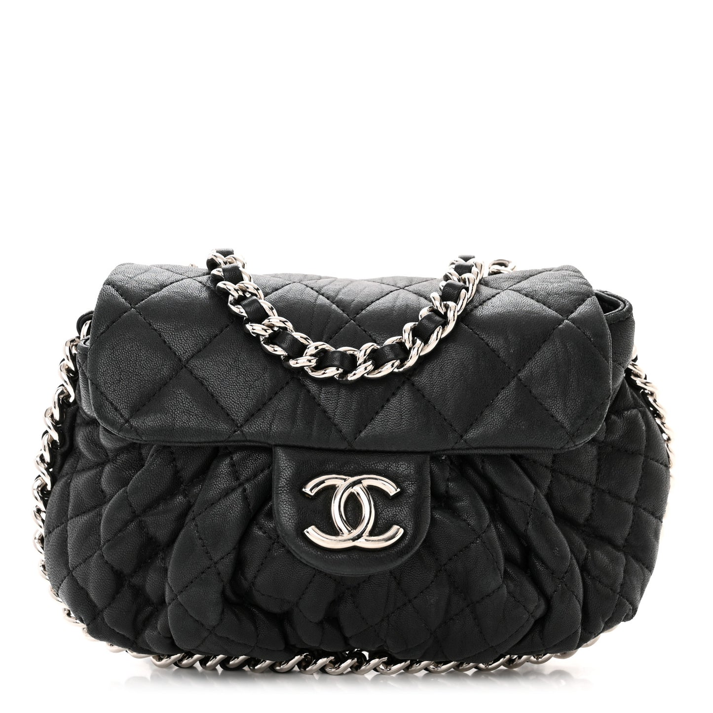 Washed Lambskin Quilted Mini Chain Around Flap Black