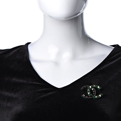 Chanel Resin Crystal Studded CC Brooch Green Multicolor 2 of 4