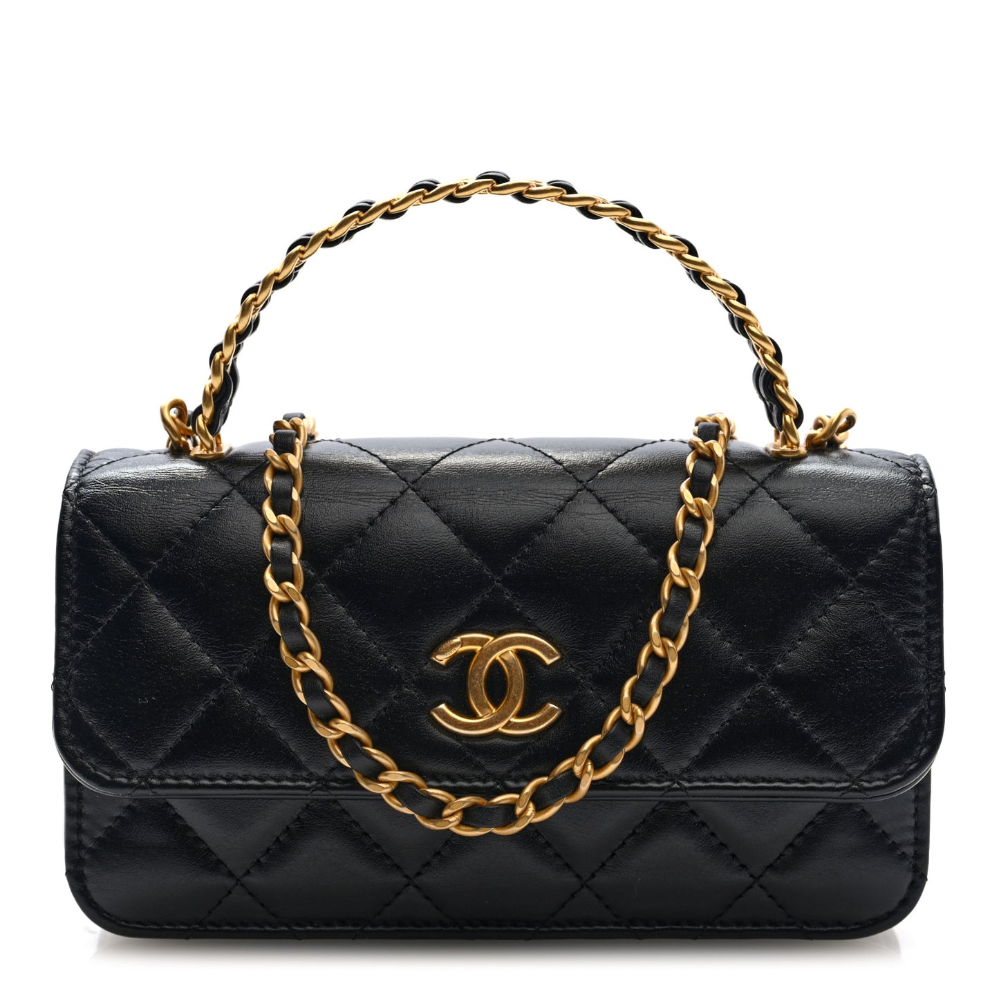 Shiny Calfskin Quilted Top Handle Flap Phone Holder With Chain Black