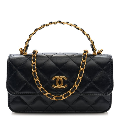 Chanel Shiny Calfskin Quilted Top Handle Flap Phone Holder With Chain Black 1 of 10