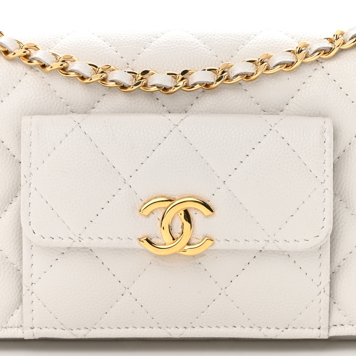 Caviar Quilted Pocket Twins Clutch With Chain White