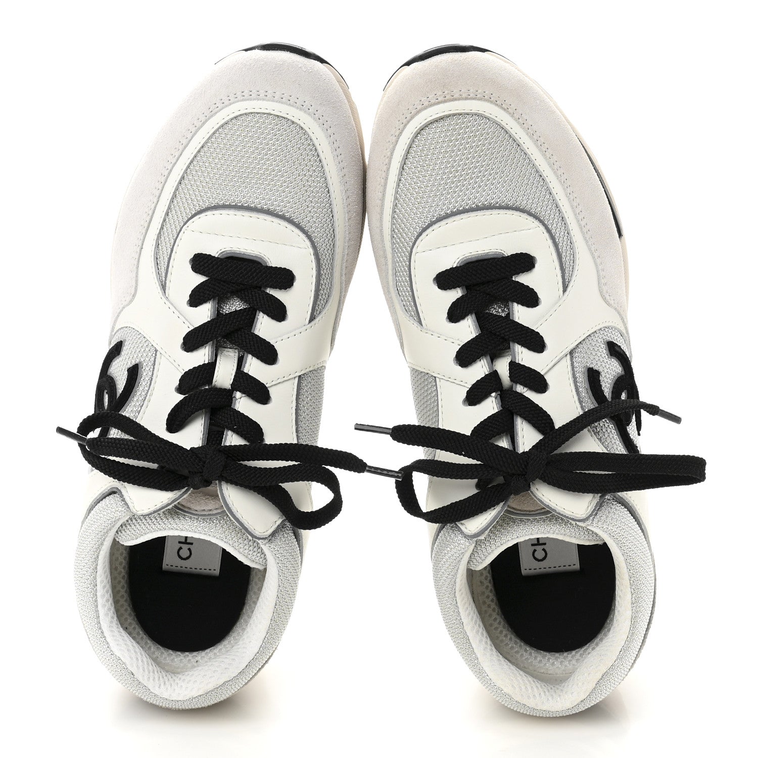 Chanel Calfskin Fabric Womens CC Sneakers 39.5 White Silver Light Grey 2 of 11
