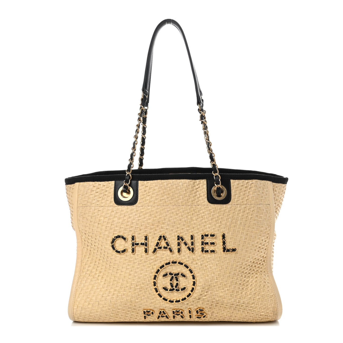 Straw Raffia Calfskin Chain Small Deauville Tote Beige Black