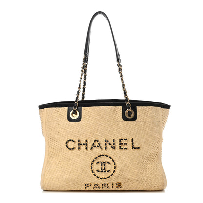 Chanel Straw Raffia Calfskin Chain Small Deauville Tote Beige Black 1 of 5
