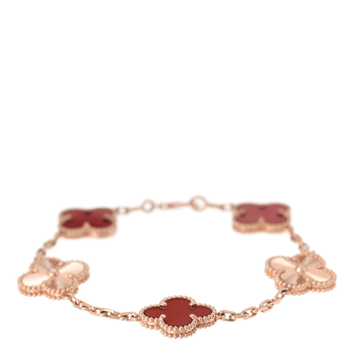 18K Rose Gold Carnelian 5 Motifs Guilloche Vintage Alhambra Bracelet