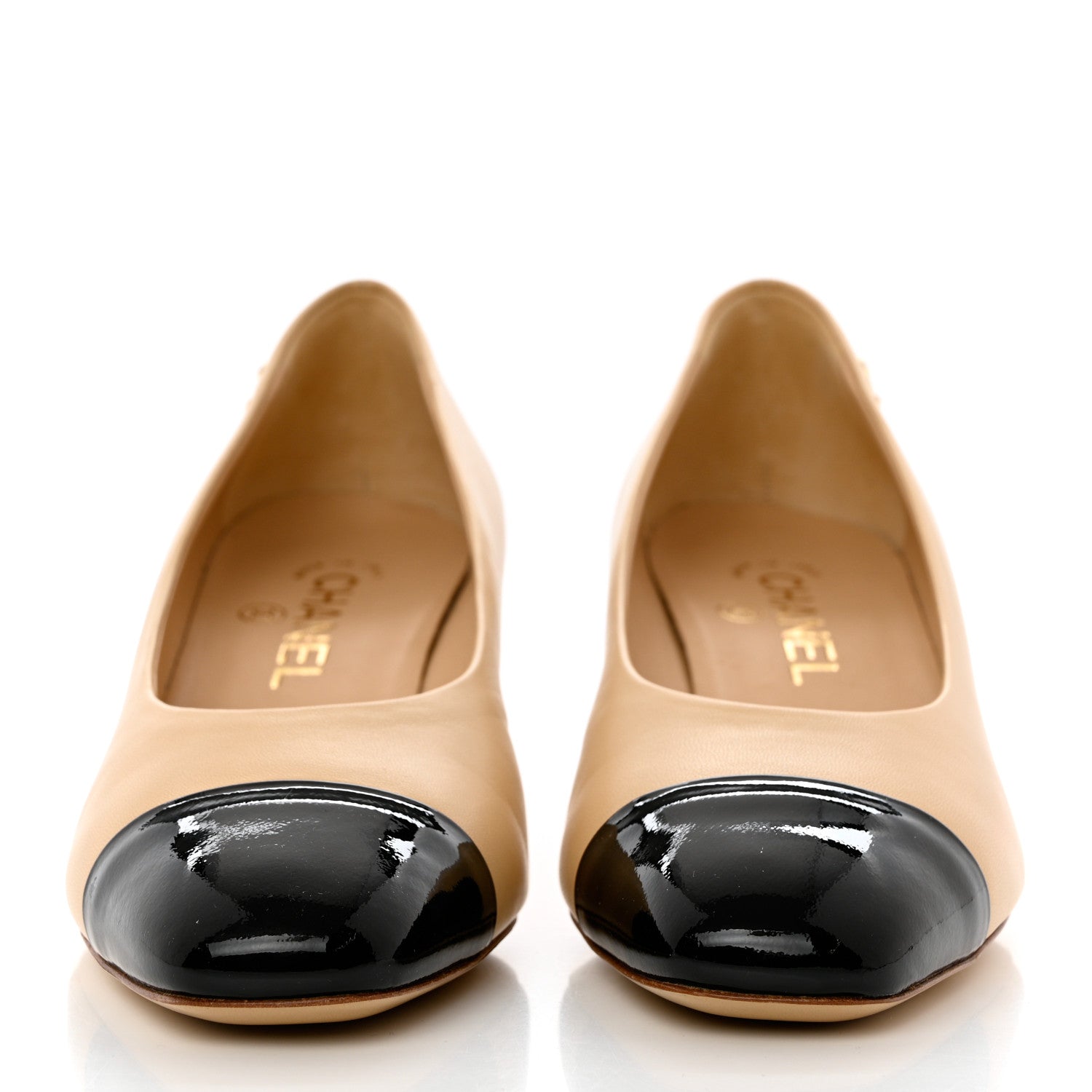 Chanel Lambskin Patent Cap Toe CC Pumps 38 Beige Black 2 of 11