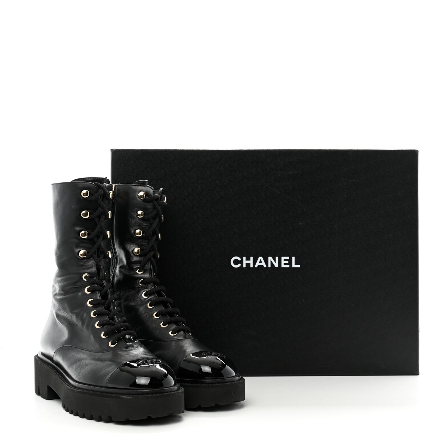 Crumpled Calfskin Patent Cap Toe Lace Up Combat Boots 39.5 Black