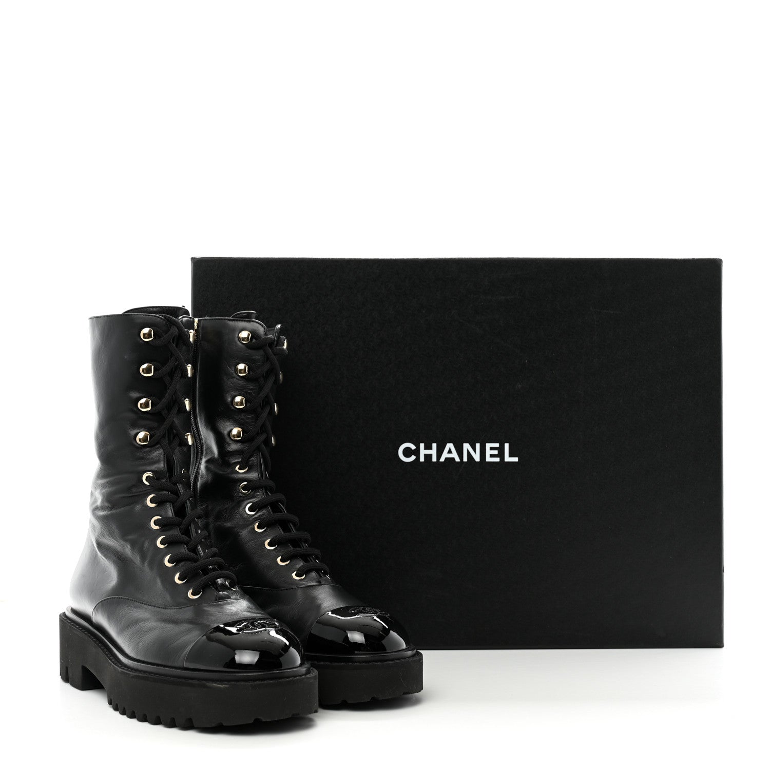 Chanel Crumpled Calfskin Patent Cap Toe Lace Up Combat Boots 39.5 Black 12 of 12