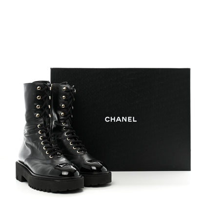 Chanel Crumpled Calfskin Patent Cap Toe Lace Up Combat Boots 39.5 Black 12 of 12