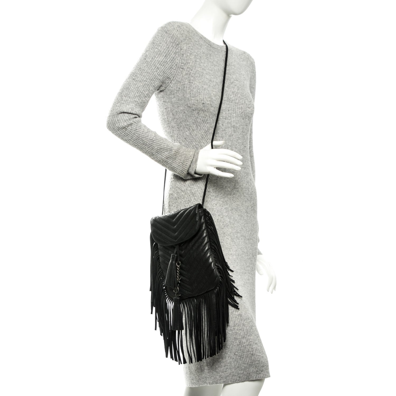 Saint Laurent Sheepskin Matelasse Chevron Fringe Small Monogram Anita Crossbody Bag Black 2 of 6