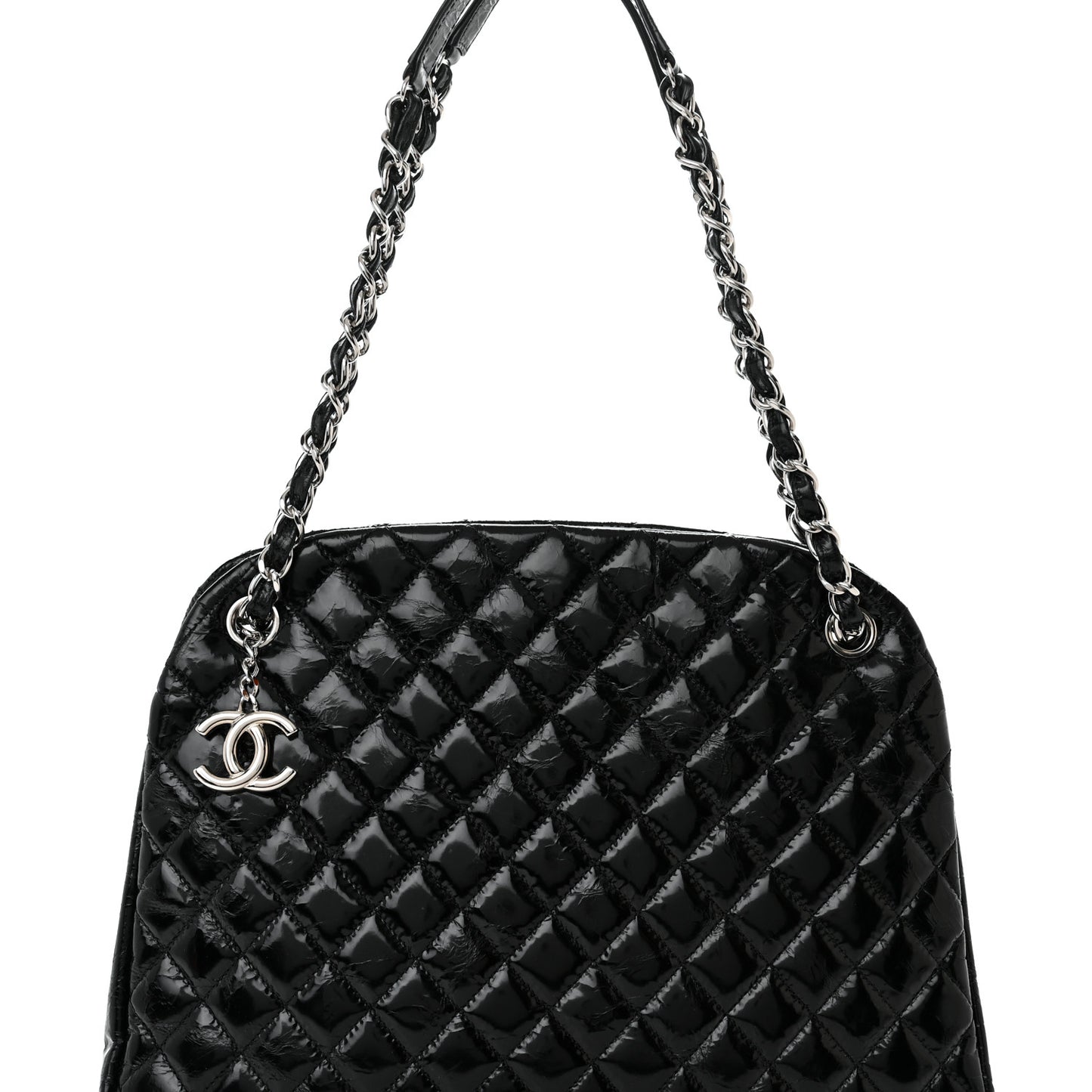 Glazed Calfskin Quilted Large Just Mademoiselle Bowling Bag Black