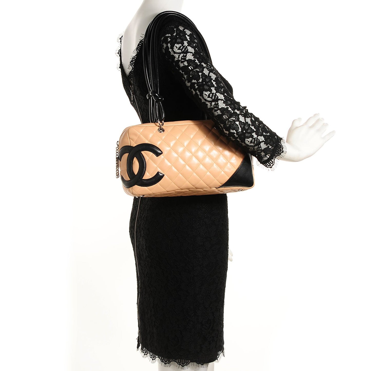 Calfskin Quilted Large Cambon Bowler Beige Black