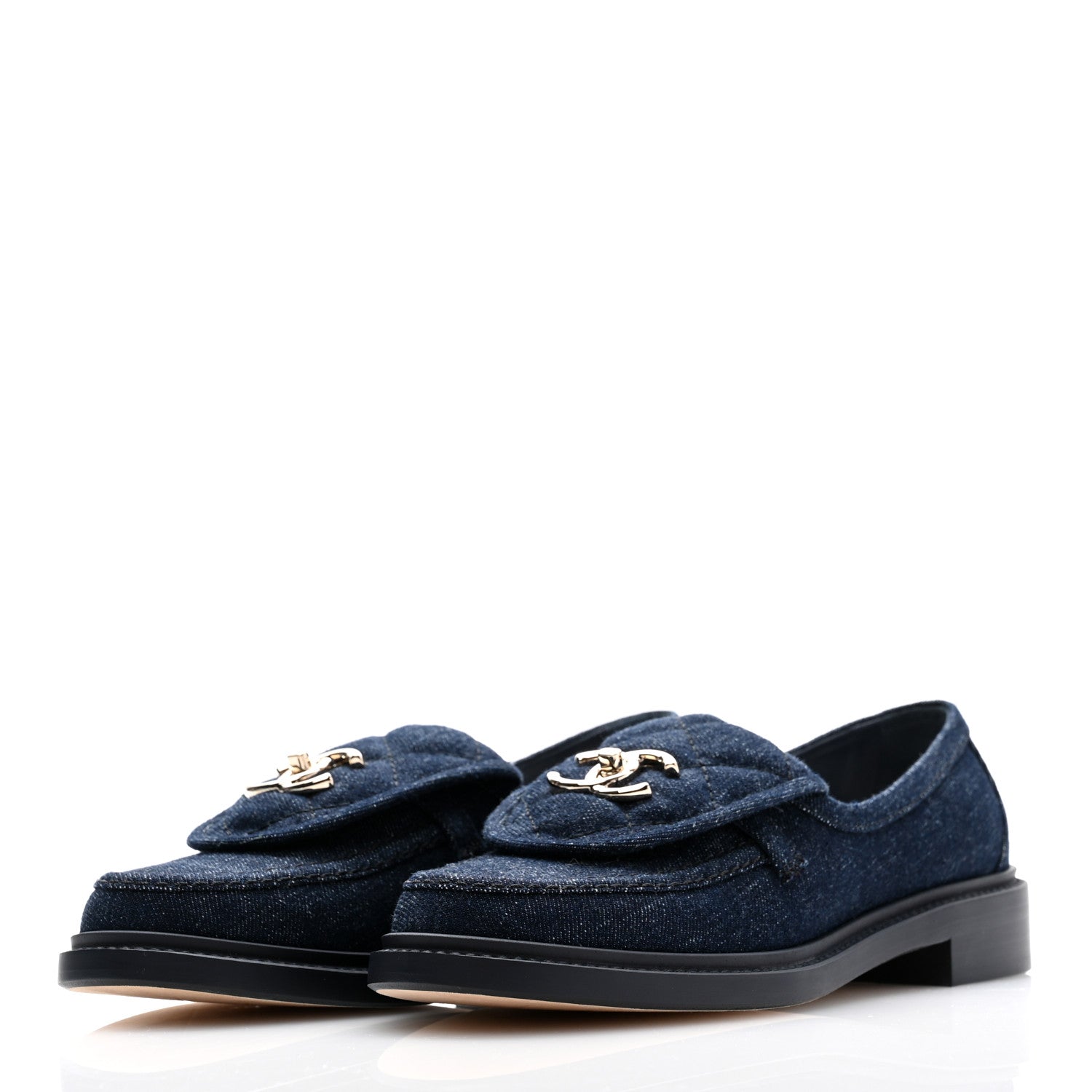 CHANEL ネイビー デニム ミュール Chanel blue denim cork wedges heels 36.5-6 platforms Camellia blue