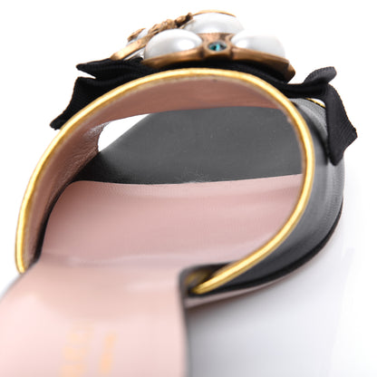 Gucci Nappa Silk Pearl Bee Embellished Mid Heel Slide Sandals 38.5 Black 10 of 14