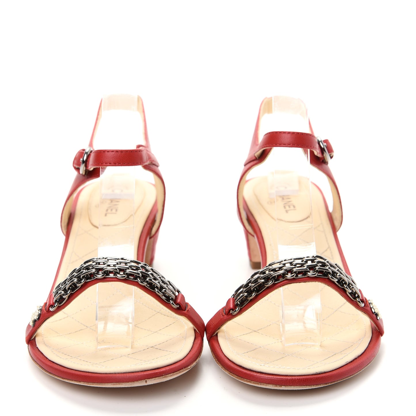 Lambskin CC Pearl Chain Sandals 39 Red