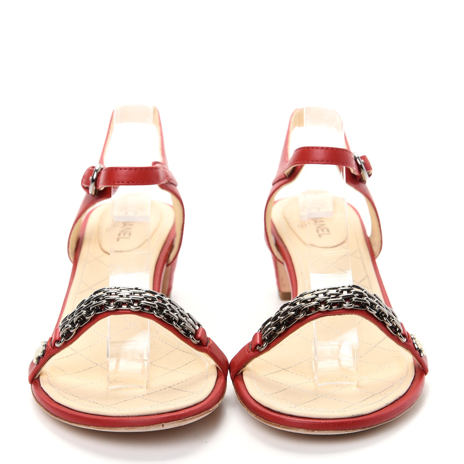 Chanel Lambskin CC Pearl Chain Sandals 39 Red 2 of 10