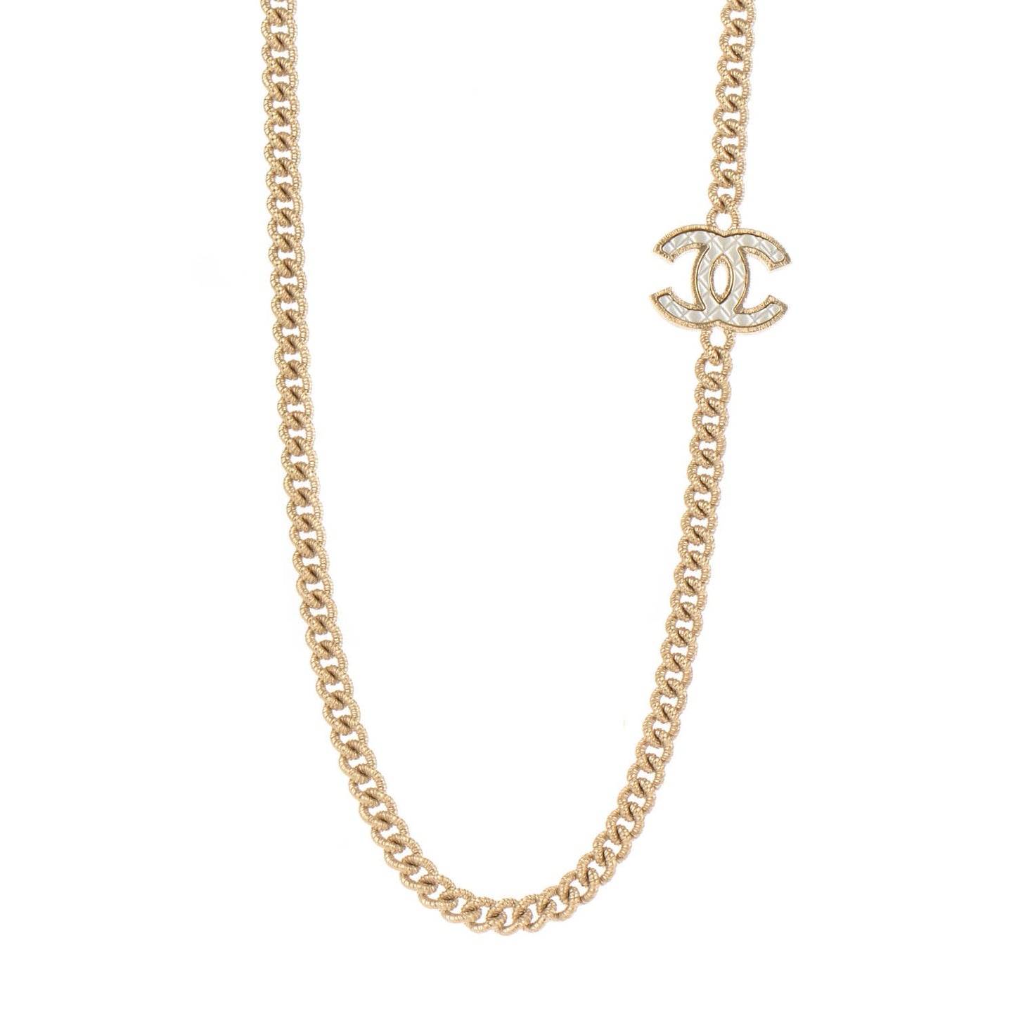 Quilted Pearl CC Long Chain Necklace Gold
