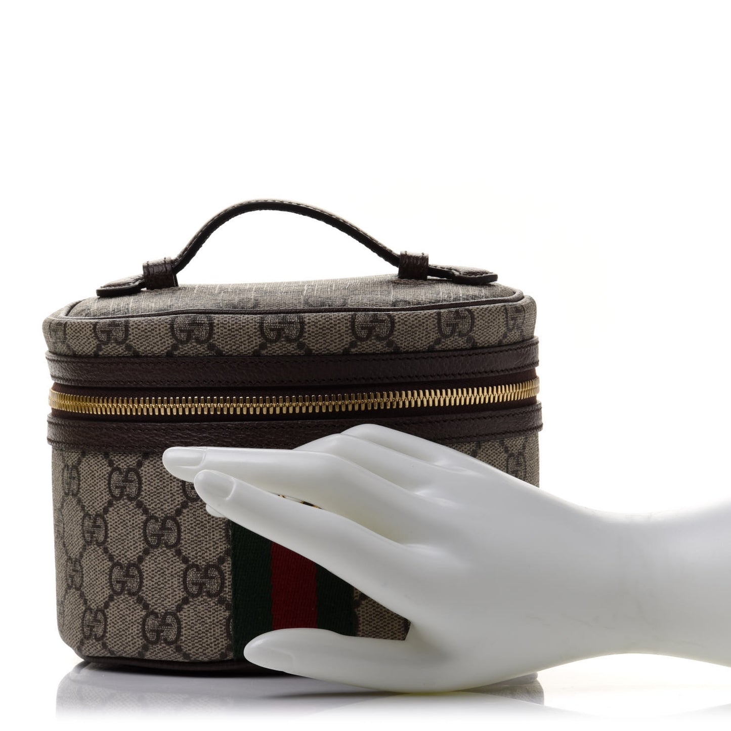 GG Supreme Monogram Textured Calfskin Web Ophidia Vanity Cosmetic Case Beige Ebony New Acero