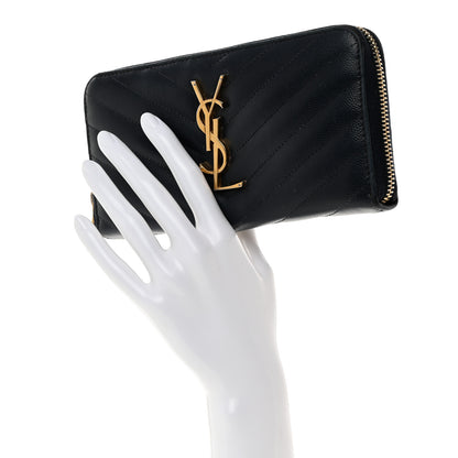 Saint Laurent Grain De Poudre Matelasse Chevron Monogram Zip Around Wallet Navy 2 of 10