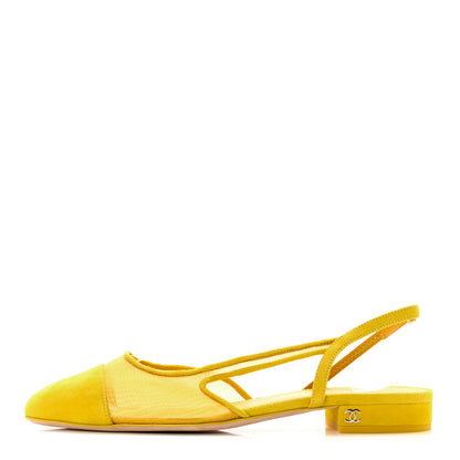 Chanel Mesh Suede Kidskin Cap Toe CC Slingback Flat 37 Yellow 1 of 8