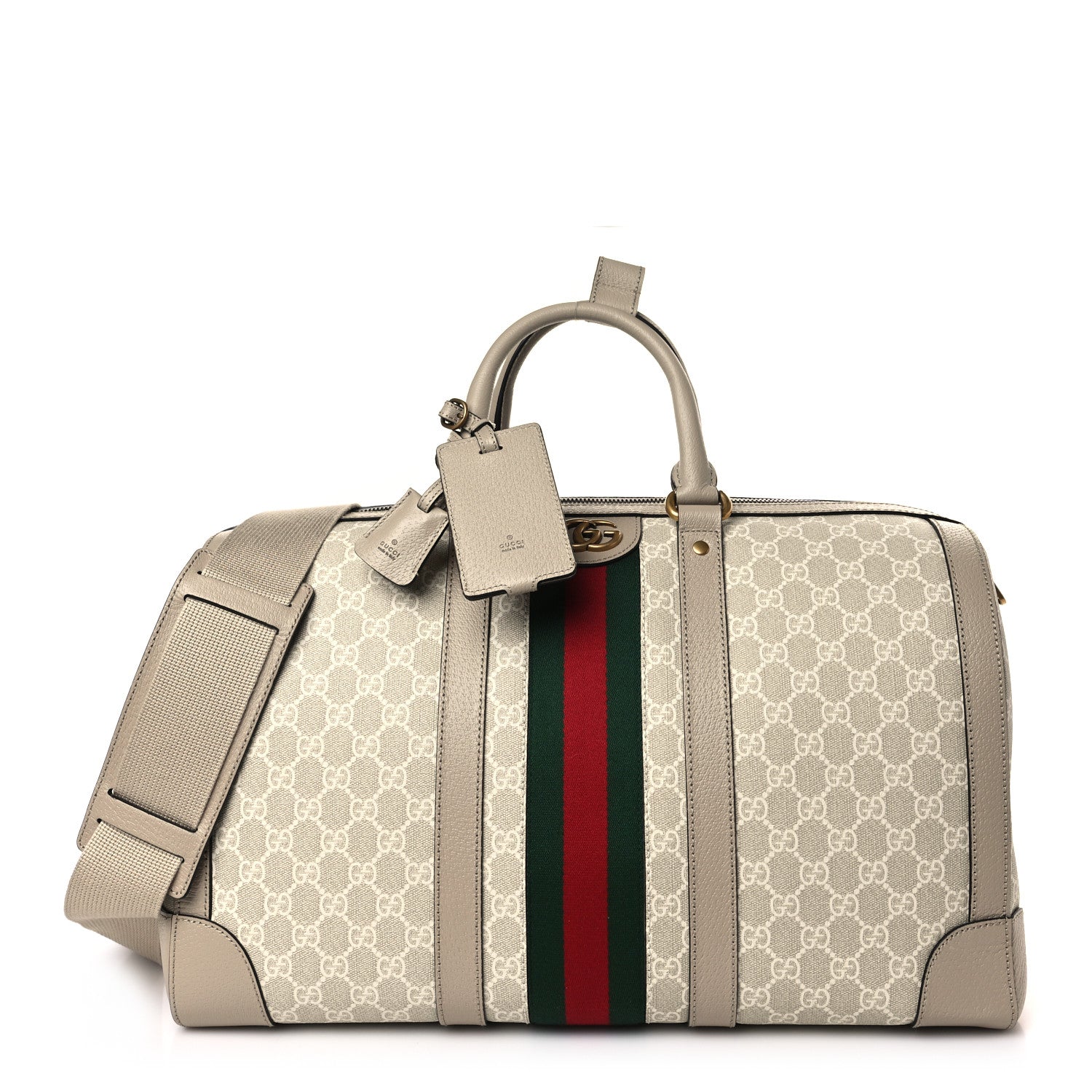 Gucci GG Supreme Monogram Textured Dollar Calfskin Web Medium Savoy Duffle Bag Beige Mystic White Oatmeal 1 of 8