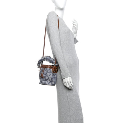 Fendi Denim Effect Fabric FF Jacquard Vitello Mini Mon Tresor Bucket Bag Blue Brown 2 of 10