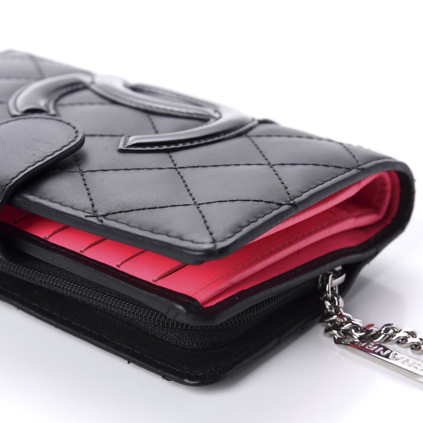 Calfskin Quilted Cambon Zipped Pocket Wallet Black