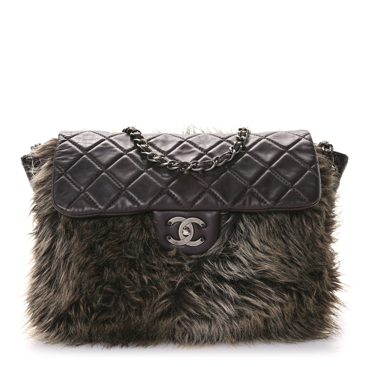 Lambskin Quilted Fantasy Fur Flap Brown