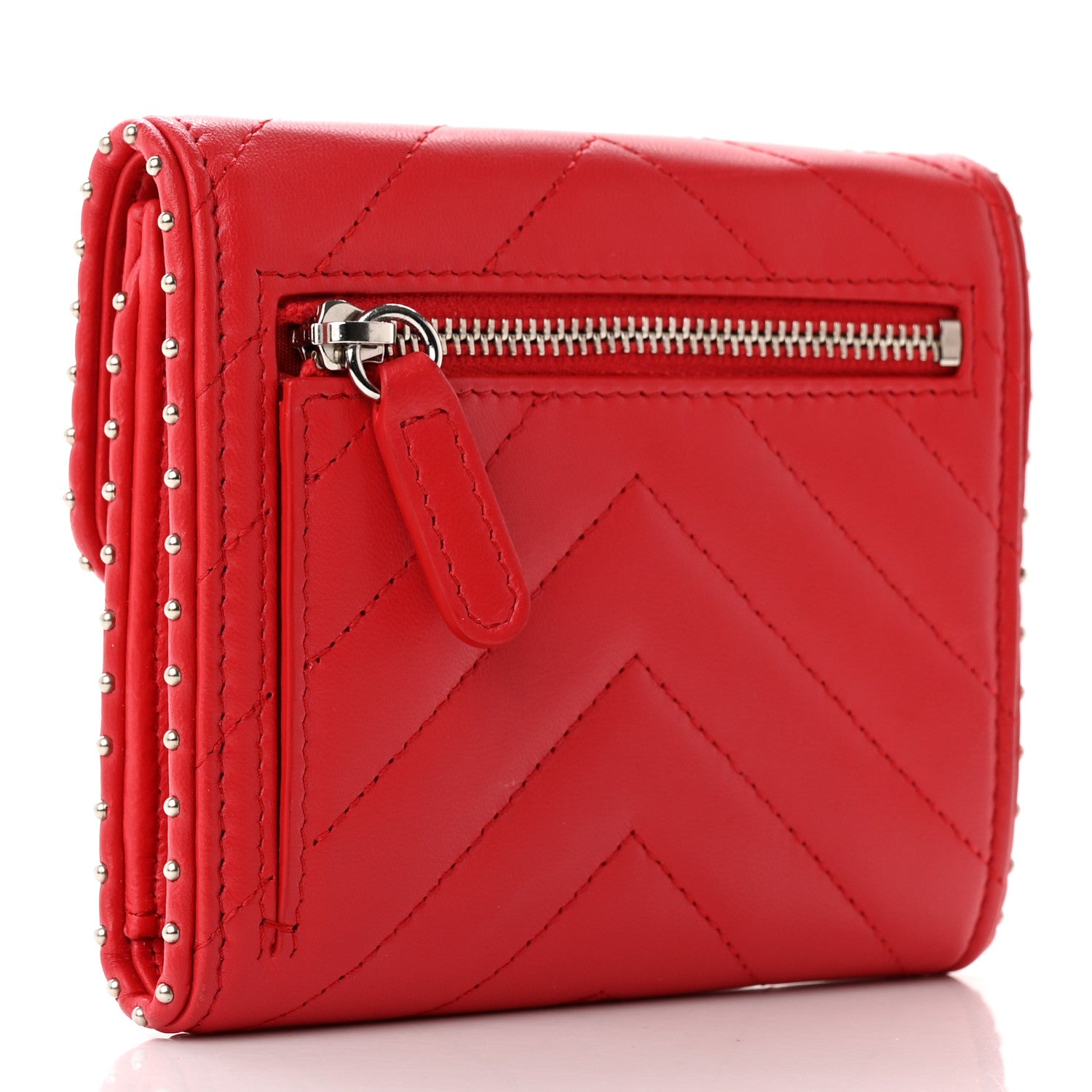 Chanel Lambskin Chevron Quilted Studded Compact Flap Wallet Red 4 of 14