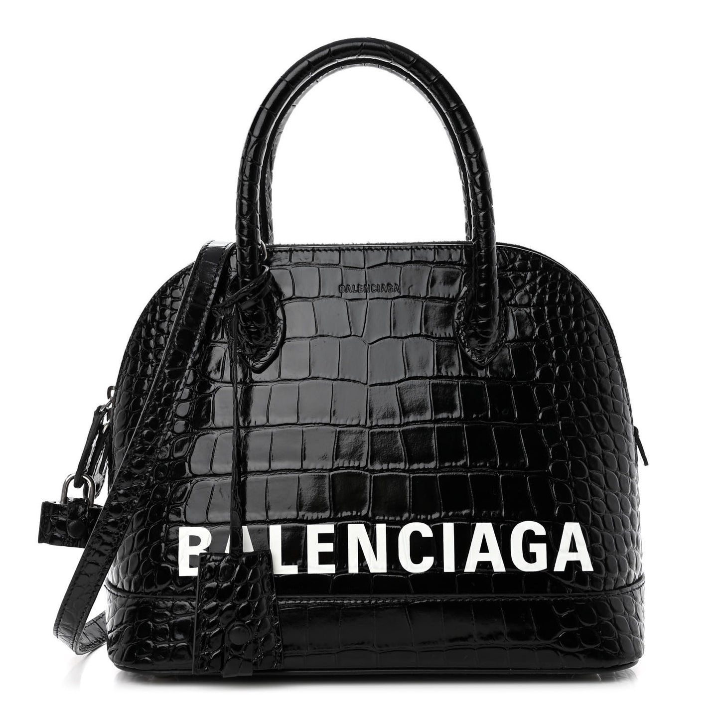 Shiny Calfskin Logo Crocodile Embossed S Ville Top Handle Bag Black White