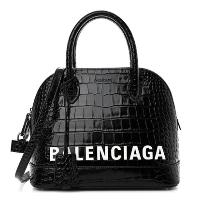Balenciaga Shiny Calfskin Logo Crocodile Embossed S Ville Top Handle Bag Black White 1 of 10