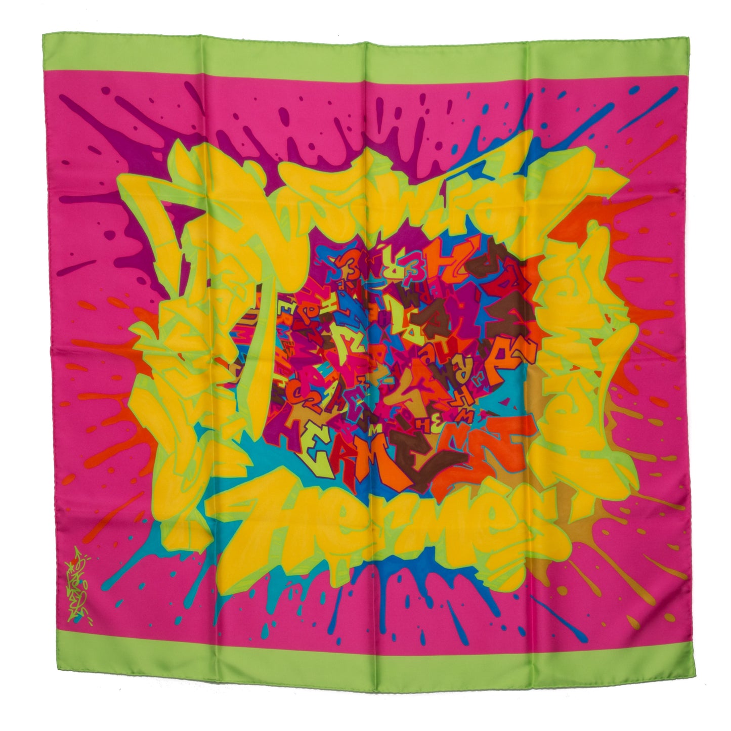 Silk Graff Graffiti Scarf 90 Rose Fluo Soleil Vert Fluo