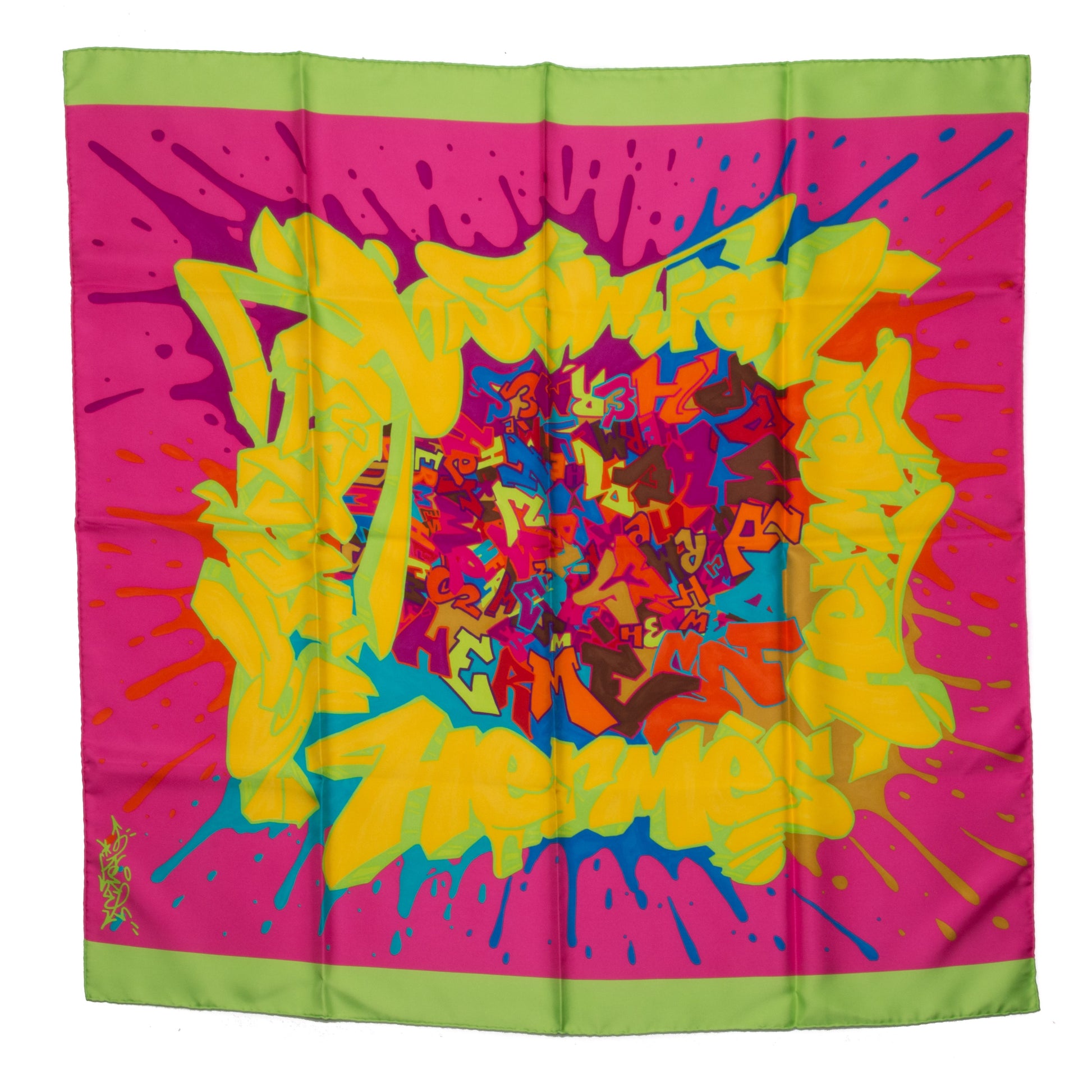 Hermes Silk Graff Graffiti Scarf 90 Rose Fluo Soleil Vert Fluo 1 of 6