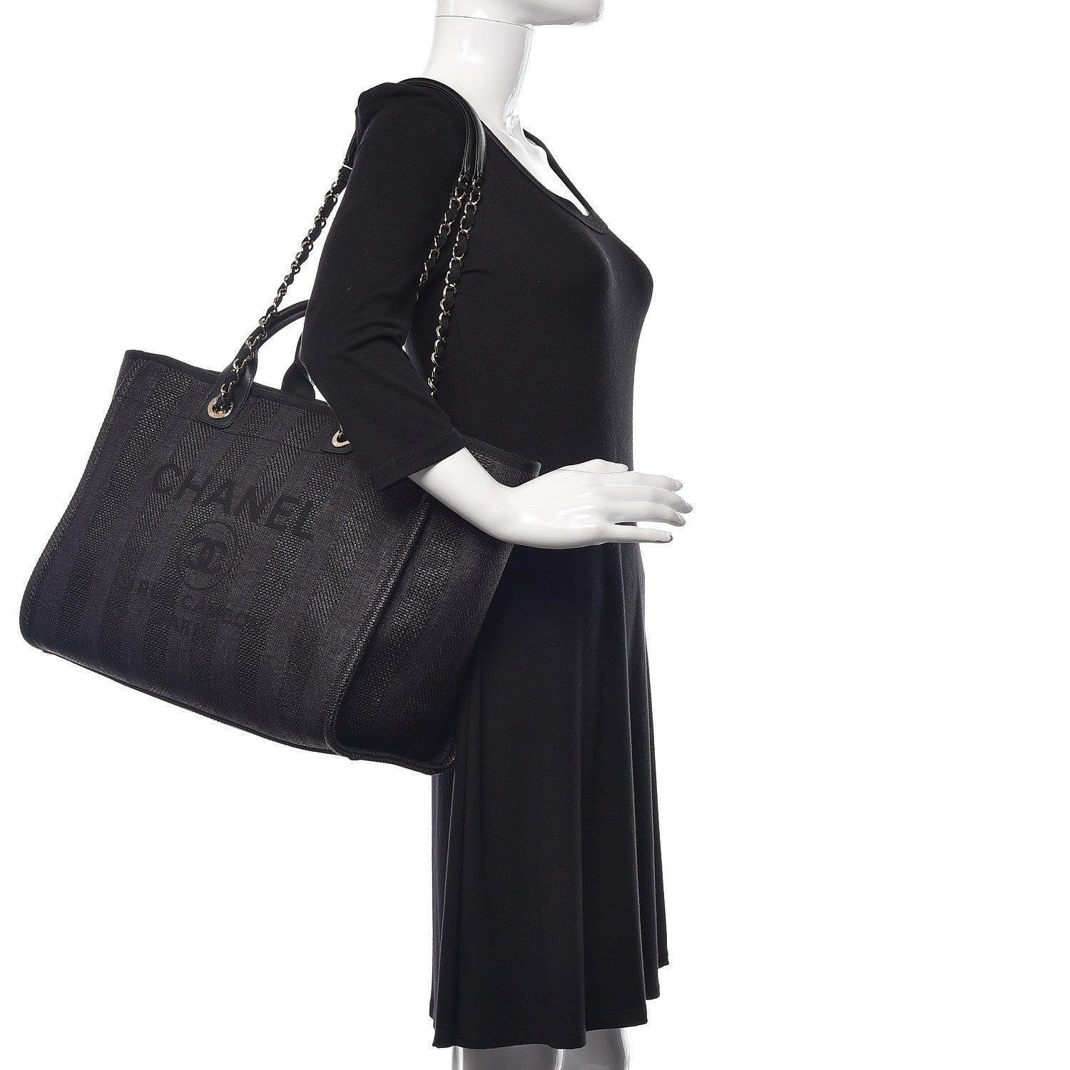 Chanel Straw Raffia Calfskin Striped Large Deauville Tote Black 2 of 10