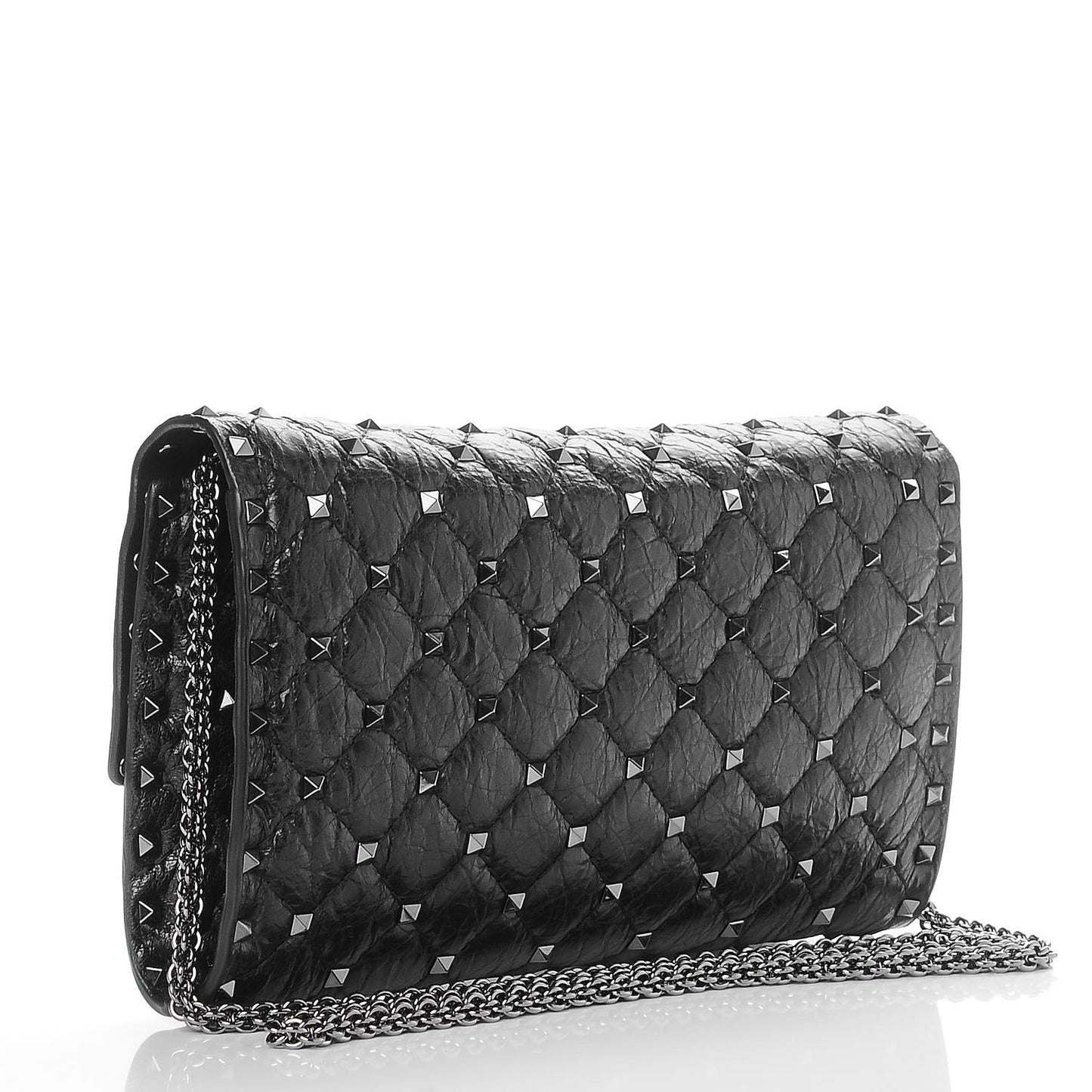 Craquele Nappa Rockstud Spike Wallet on Chain Black