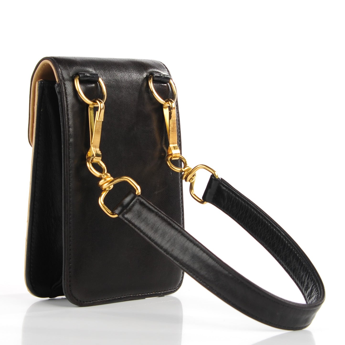 Lambskin Quilted Top Handle Clutch Beige Black