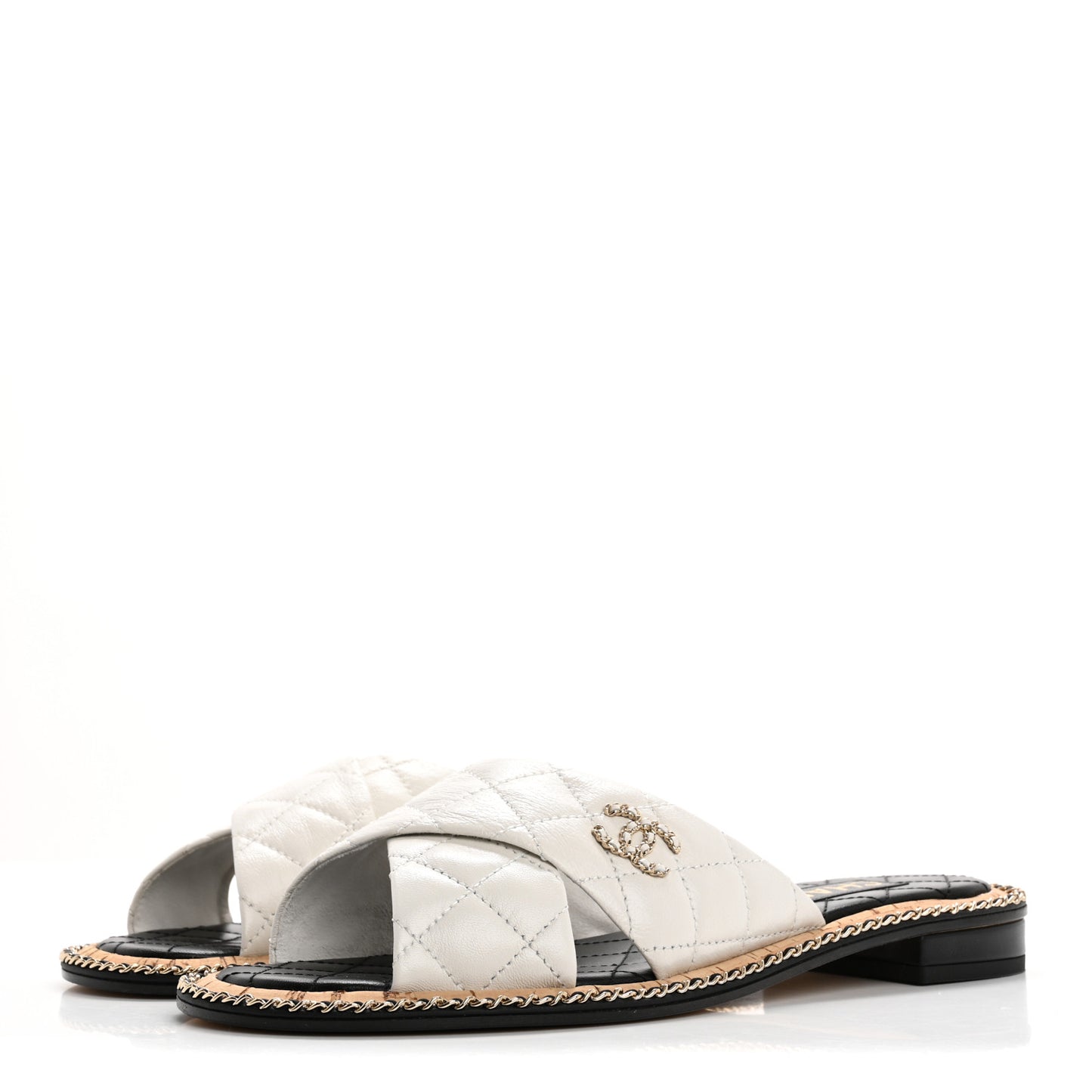 Lambskin Quilted Chain CC Sandals 39 White