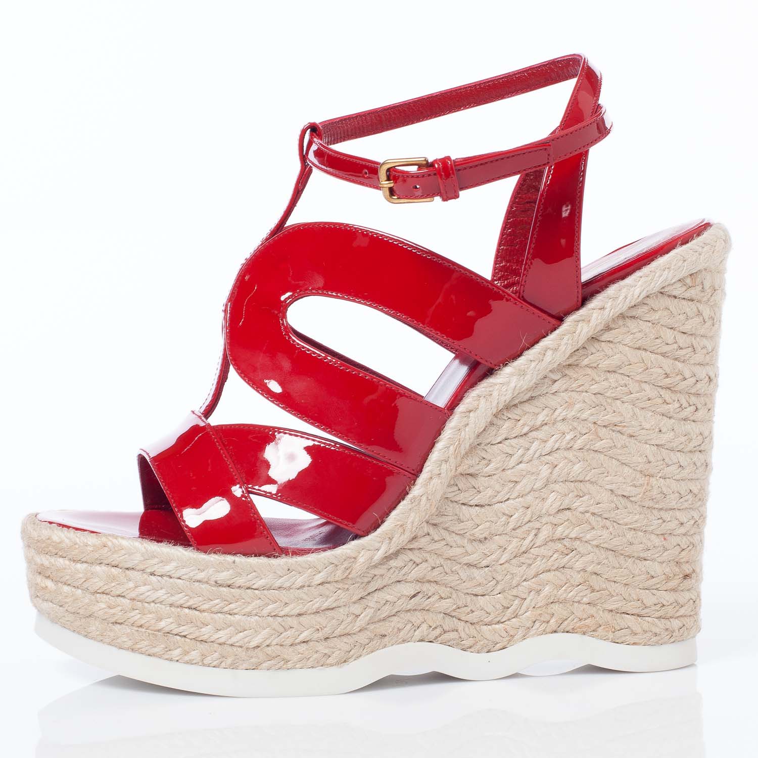 Saint Laurent Patent Saint Malo Platform Espadrille Wedge Sandals 38 NEW Red 4 of 10